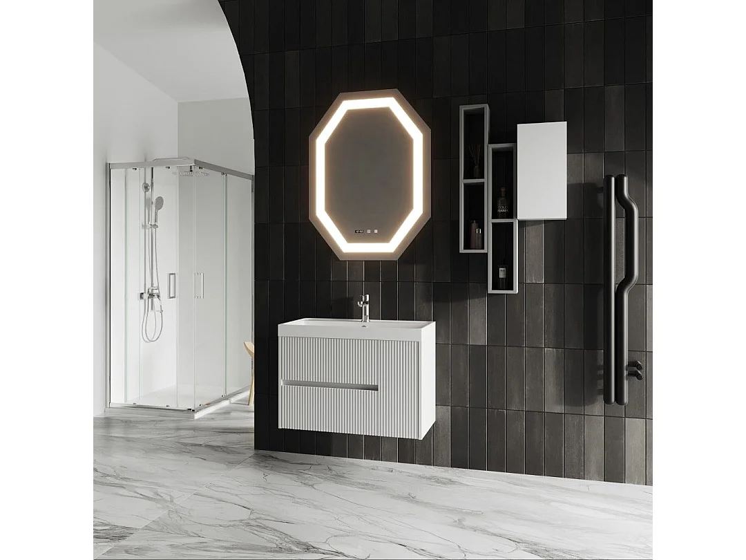 Mobilier De Salle De Bain Suspendu 80Cm Cannelé Blanc Avec Miroir Led | Cortina
