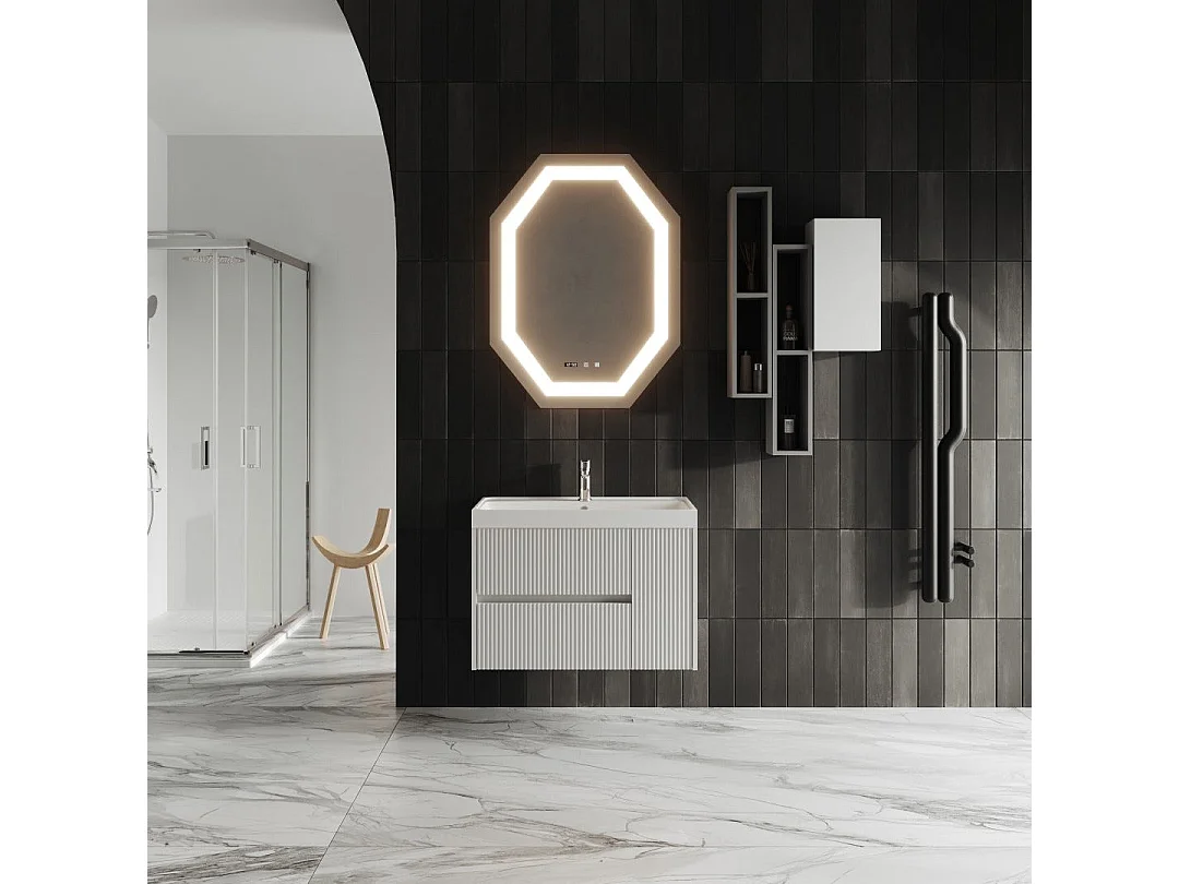 Mobilier De Salle De Bain Suspendu 80Cm Cannelé Blanc Avec Miroir Led | Cortina