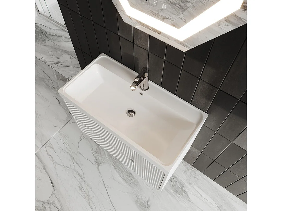 Mobilier De Salle De Bain Suspendu 80Cm Cannelé Blanc Avec Miroir Led | Cortina
