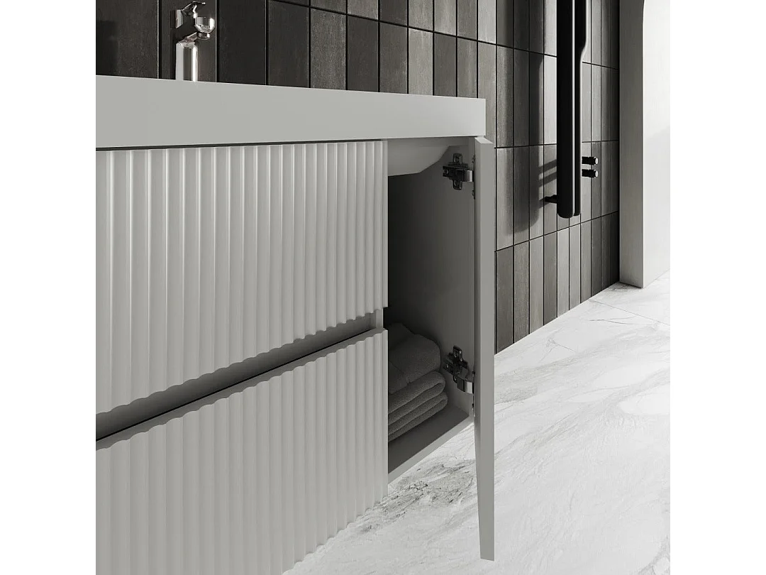 Mobilier De Salle De Bain Suspendu 80Cm Cannelé Blanc Avec Miroir Led | Cortina