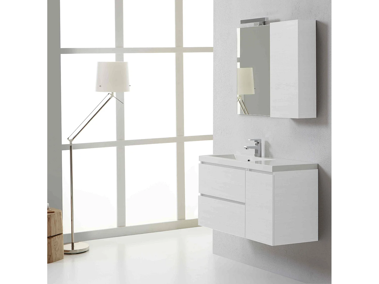 Meuble De Salle De Bains Suspendu 90 Cm Tiroirs Et Armoire Murale Gauche Blanc