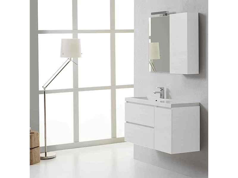 Meuble De Salle De Bains Suspendu 90 Cm Tiroirs Et Armoire Murale Gauche Blanc