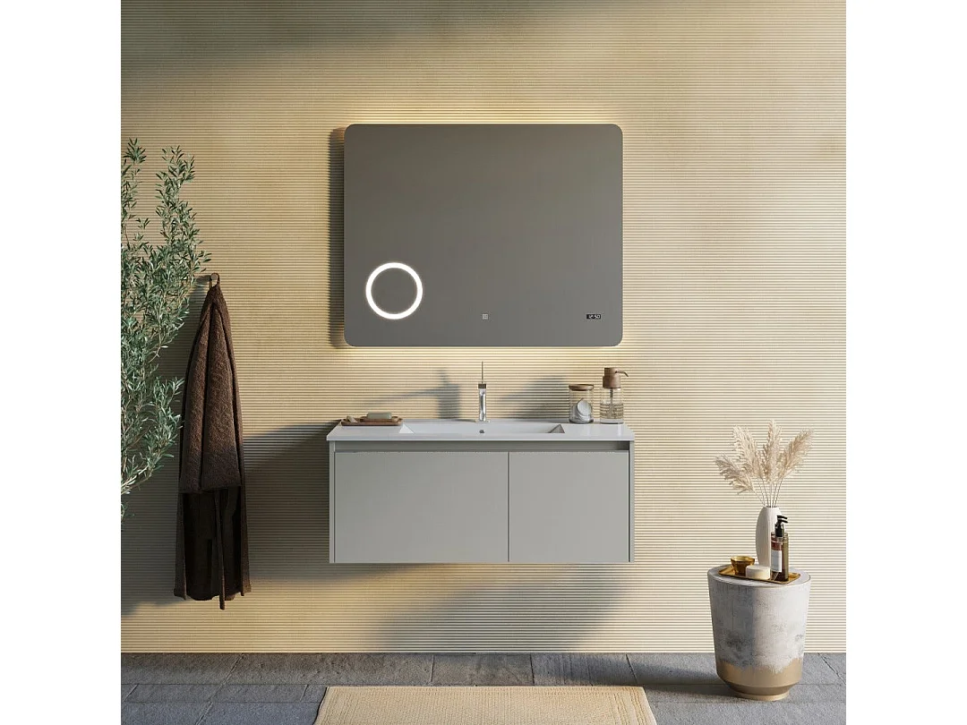 Armoire De Salle De Bain Murale 100Cm Sable Mat Et Miroir À Led Tactile | Monaco