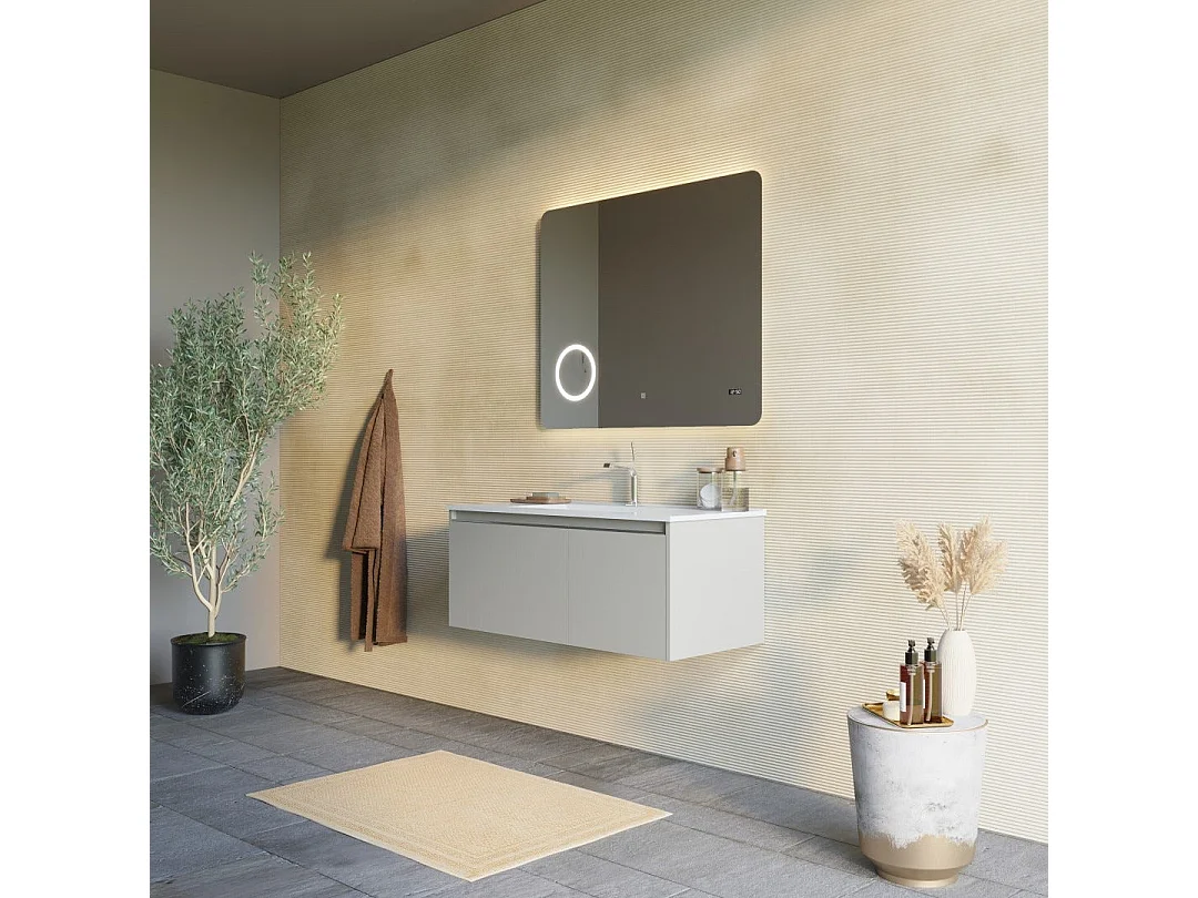 Armoire De Salle De Bain Murale 100Cm Sable Mat Et Miroir À Led Tactile | Monaco
