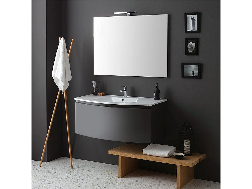 Armoire De Toilette Suspendue Courbe 102 Cm Gris Ardoise Rectangulaire Miroir | Riva