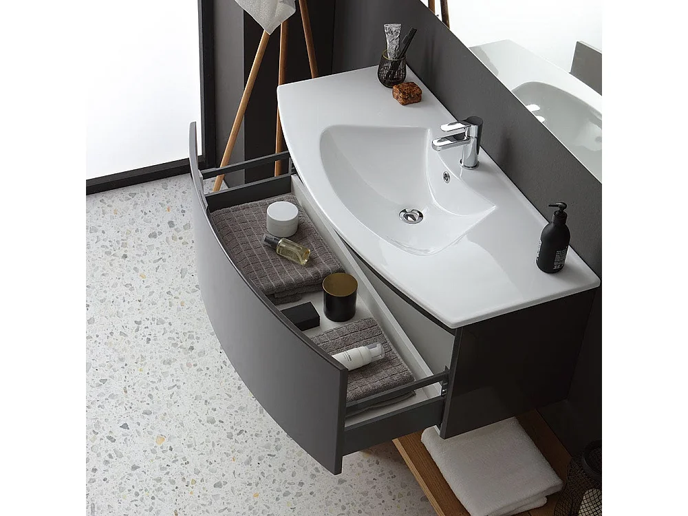 Armoire De Toilette Suspendue Courbe 102 Cm Gris Ardoise Rectangulaire Miroir | Riva