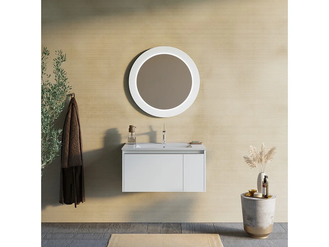 Meuble Salle De Bain Mural 80Cm Blanc Mat Avec Miroir Rond À Led | Monaco