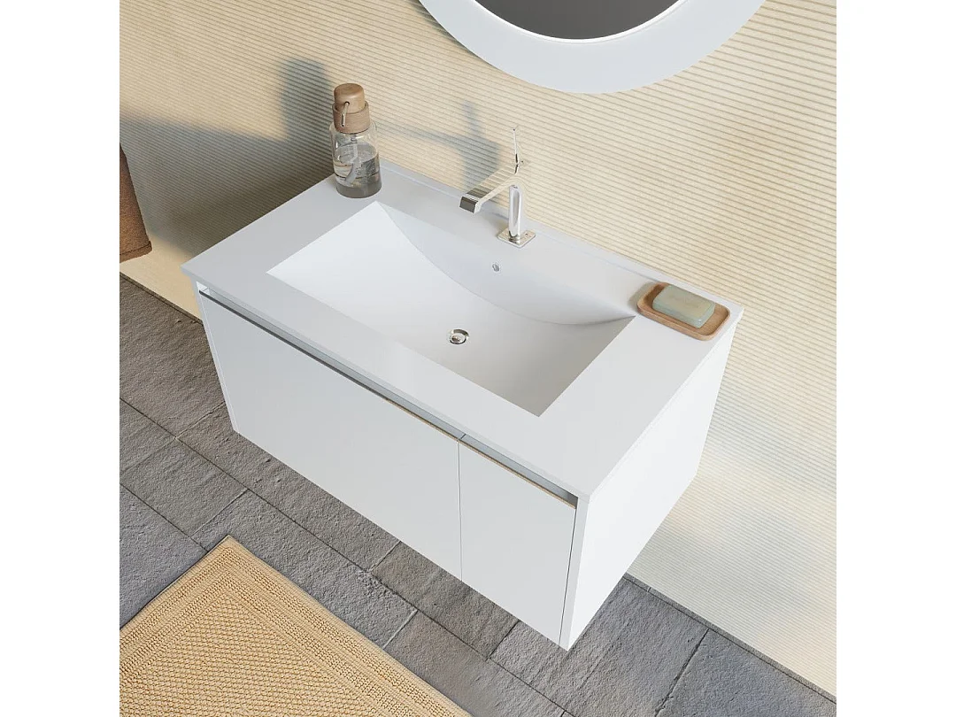 Meuble Salle De Bain Mural 80Cm Blanc Mat Avec Miroir Rond À Led | Monaco