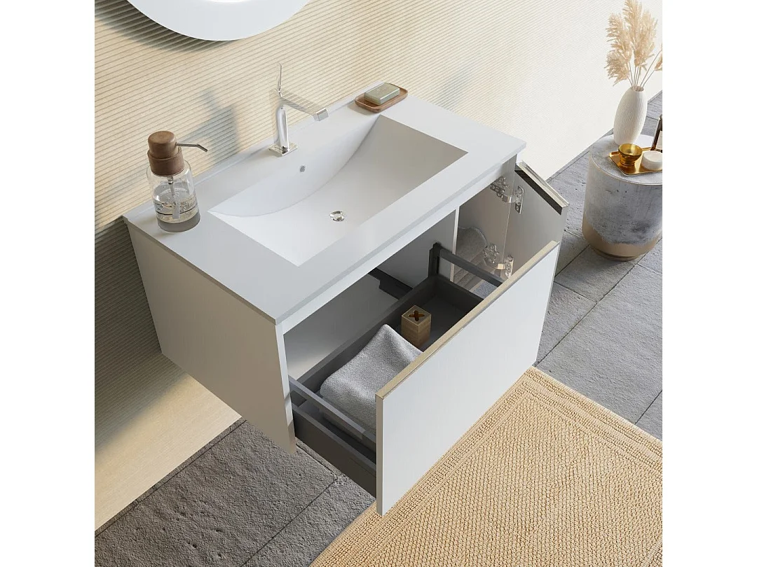 Meuble Salle De Bain Mural 80Cm Blanc Mat Avec Miroir Rond À Led | Monaco