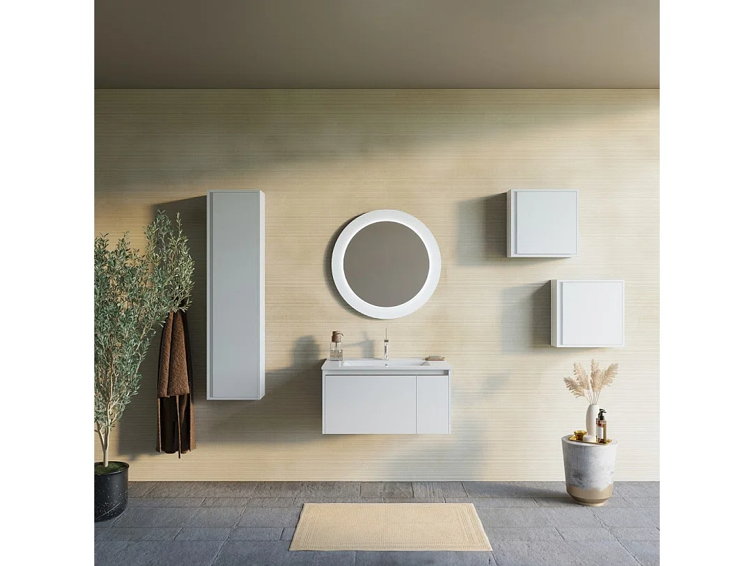 Meuble Salle De Bain Mural 80Cm Blanc Mat Avec Miroir Rond À Led | Monaco