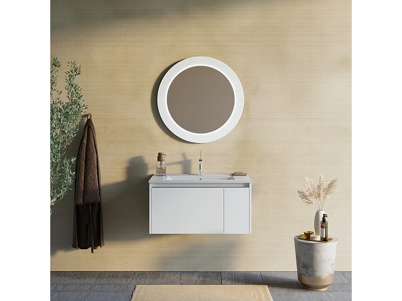 Meuble Salle De Bain Mural 80Cm Blanc Mat Avec Miroir Rond À Led | Monaco