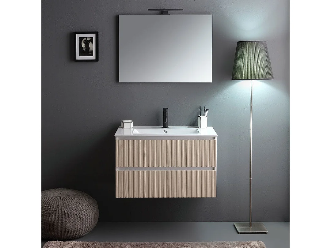 Meuble De Salle De Bains Cannelé 80Cm Blanc Et Chêne Avec Miroir 80X60 | Bilbao