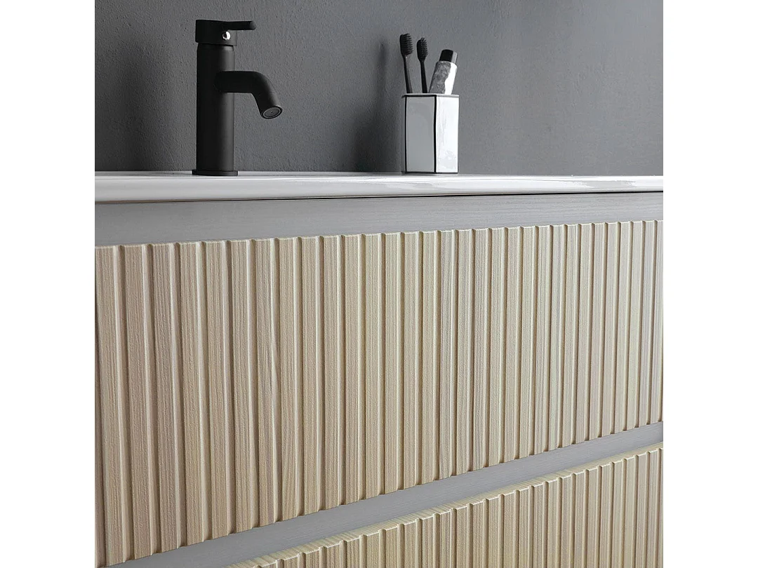 Meuble De Salle De Bains Cannelé 80Cm Blanc Et Chêne Avec Miroir 80X60 | Bilbao