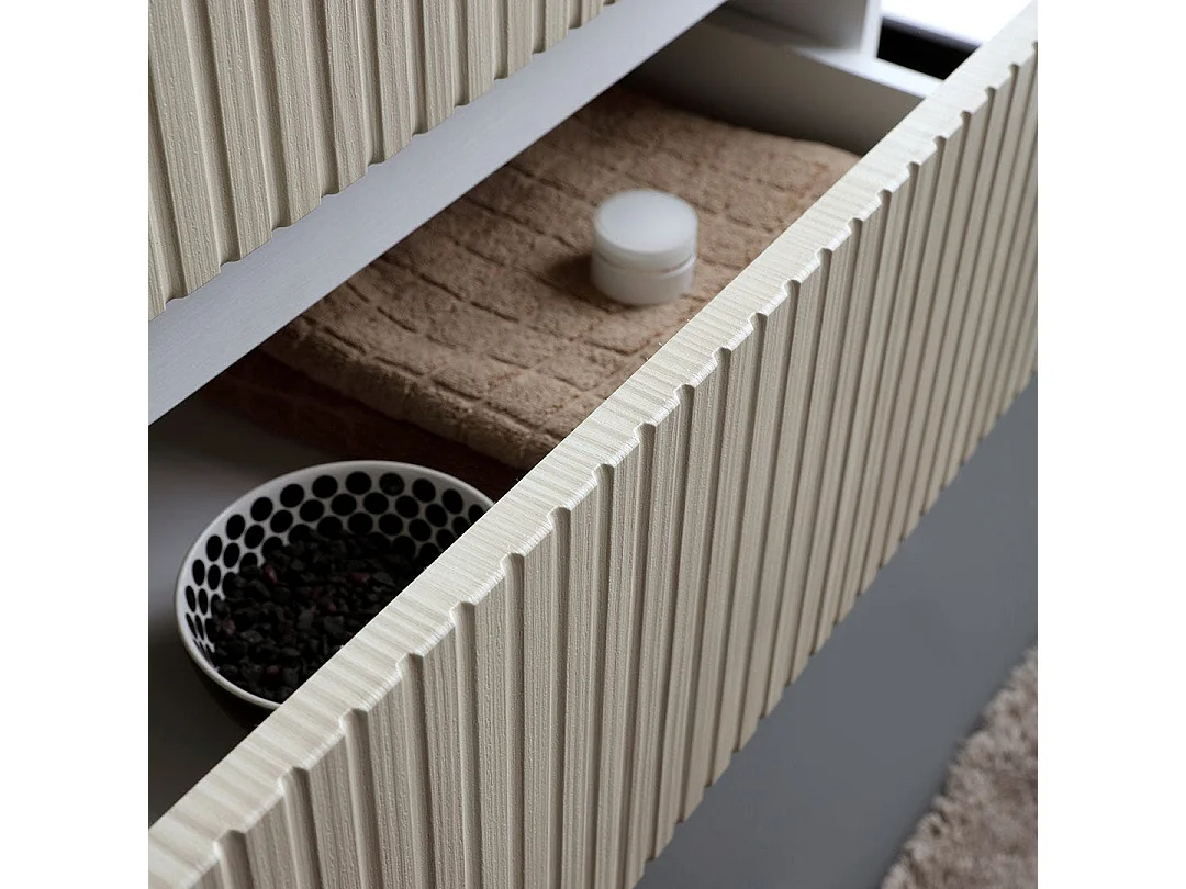 Meuble De Salle De Bains Cannelé 80Cm Blanc Et Chêne Avec Miroir 80X60 | Bilbao