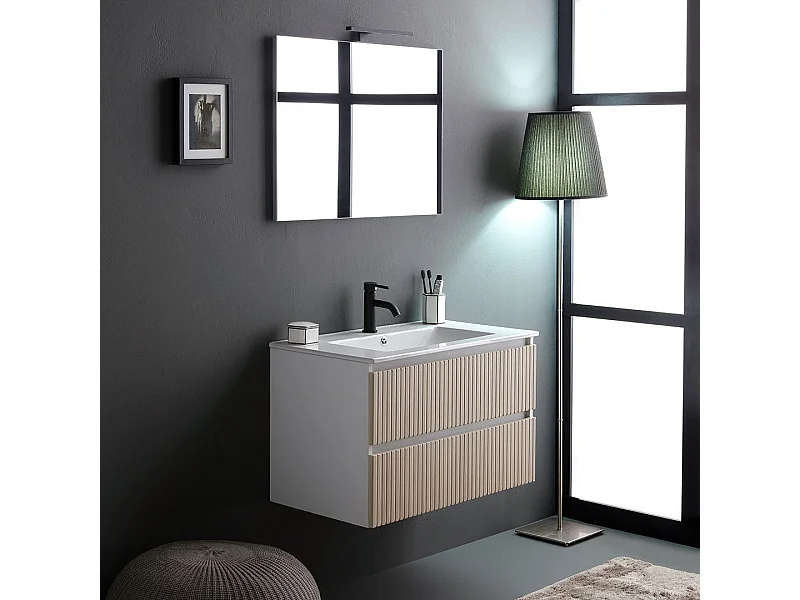 Meuble De Salle De Bains Cannelé 80Cm Blanc Et Chêne Avec Miroir 80X60 | Bilbao