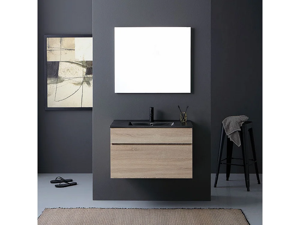 Meuble De Salle De Bain Suspendu 90 Cm Tiroir Aspect Bois Et Lavabo Noir | Sole