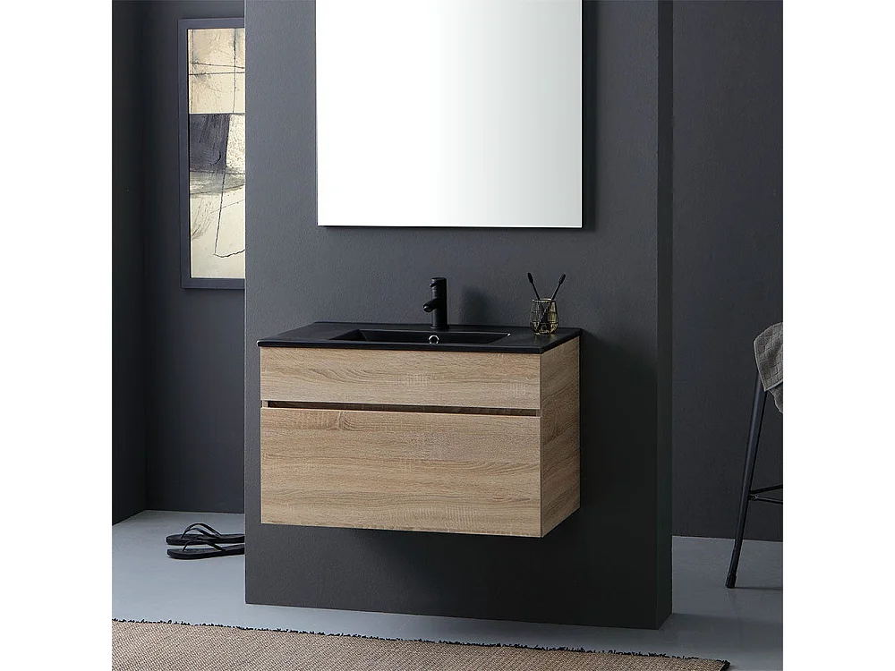 Meuble De Salle De Bain Suspendu 90 Cm Tiroir Aspect Bois Et Lavabo Noir | Sole