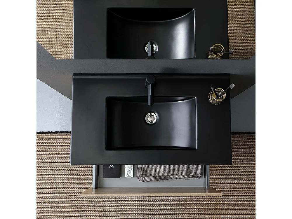 Meuble De Salle De Bain Suspendu 90 Cm Tiroir Aspect Bois Et Lavabo Noir | Sole
