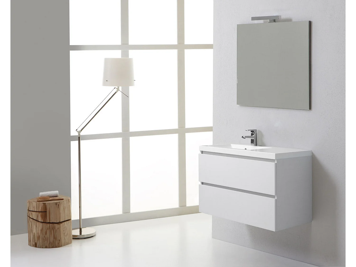 Meuble De Salle De Bains 90 Cm Avec Tiroirs Gauche En Bois Blanchi | Manhattan