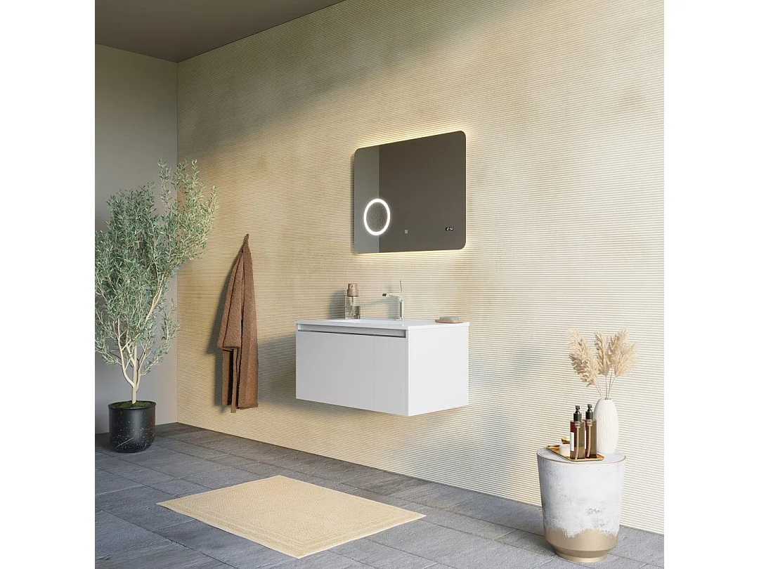Meuble De Salle De Bains Mural Miroir 80X60 Gris Perle Avec Horloge | Monaco