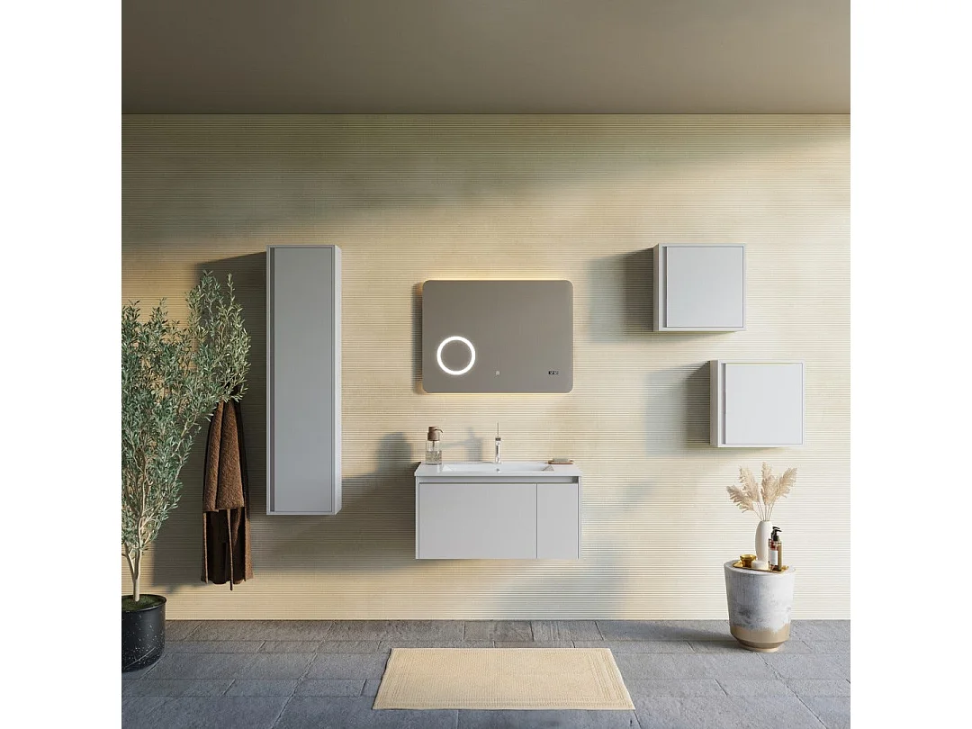 Meuble De Salle De Bains Mural Miroir 80X60 Gris Perle Avec Horloge | Monaco