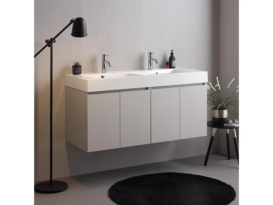 Meuble Salle De Bain Suspendu 120Cm 4 Portes Gris Perle, Double Vasque En Céramique | Valentina