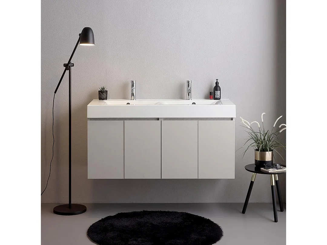 Meuble Salle De Bain Suspendu 120Cm 4 Portes Gris Perle, Double Vasque En Céramique | Valentina