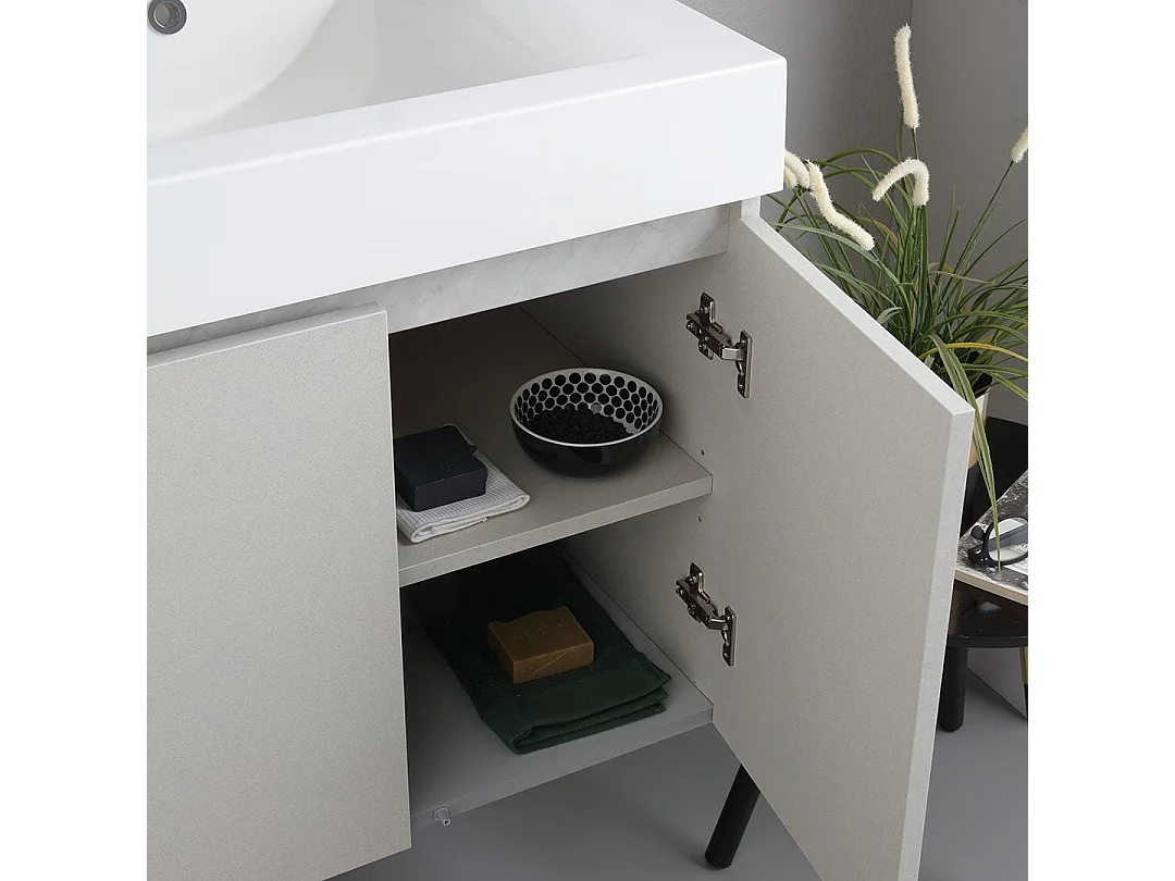 Meuble Salle De Bain Suspendu 120Cm 4 Portes Gris Perle, Double Vasque En Céramique | Valentina