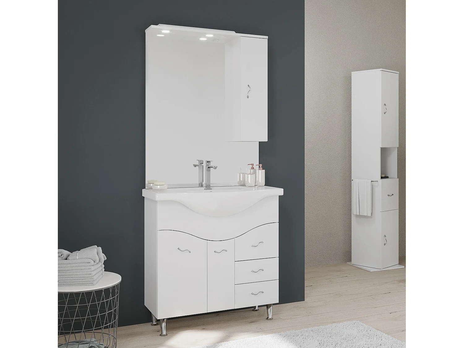Meuble-Lavabo Salle De Bains 86 Cm, Miroir-Armoire Couleur Blanc