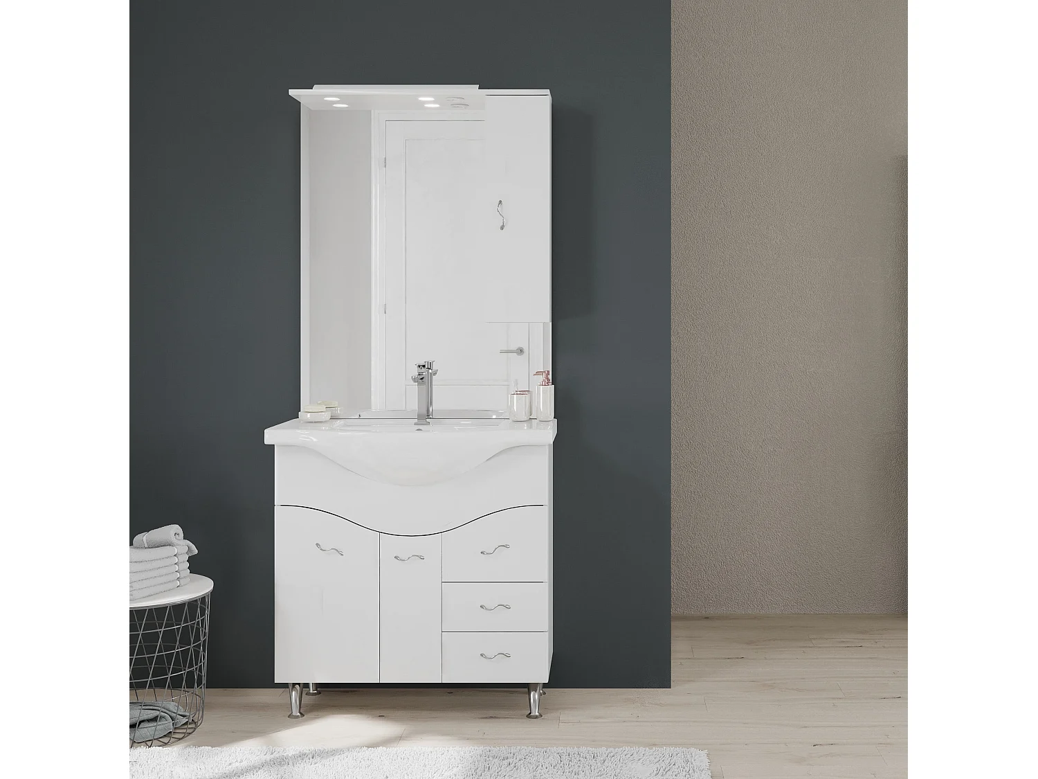 Meuble-Lavabo Salle De Bains 86 Cm, Miroir-Armoire Couleur Blanc