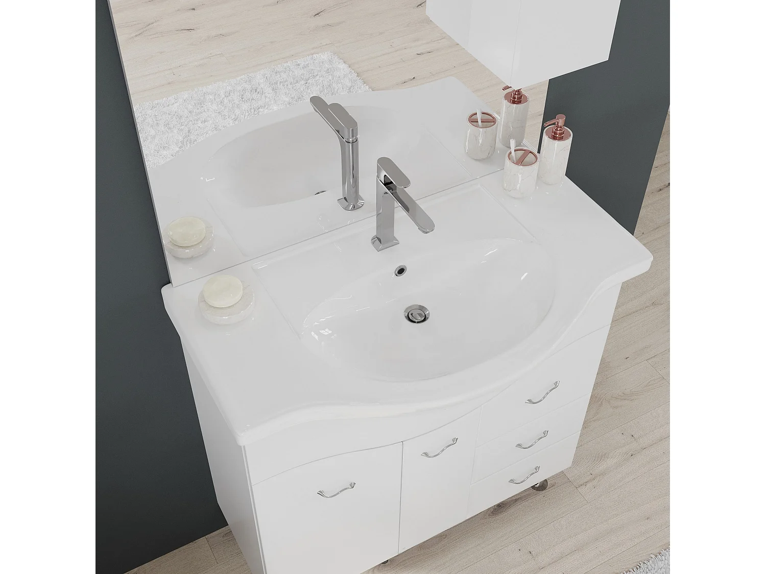 Meuble-Lavabo Salle De Bains 86 Cm, Miroir-Armoire Couleur Blanc