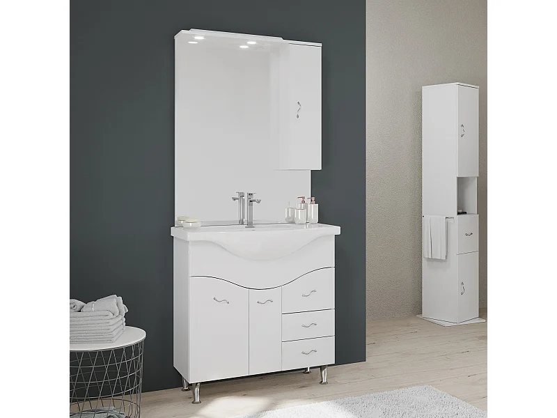 Meuble-Lavabo Salle De Bains 86 Cm, Miroir-Armoire Couleur Blanc