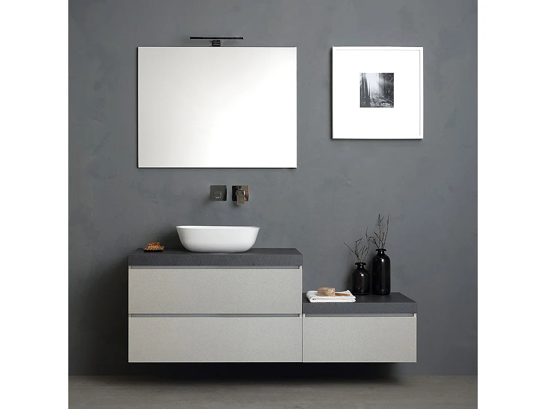 Mobilier De Salle De Bain Suspendu 150Cm, Tiroirs Gris Perle, Plateau Anthracite | Valentina