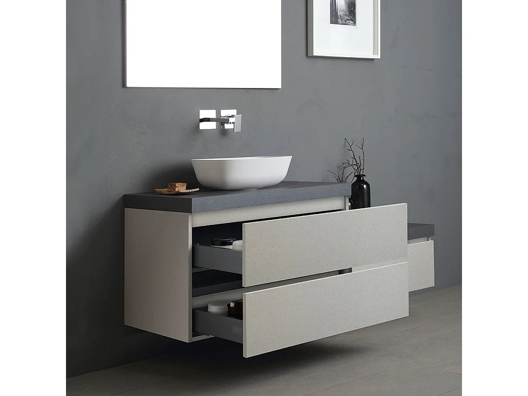 Mobilier De Salle De Bain Suspendu 150Cm, Tiroirs Gris Perle, Plateau Anthracite | Valentina
