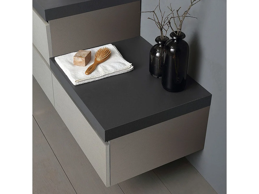 Mobilier De Salle De Bain Suspendu 150Cm, Tiroirs Gris Perle, Plateau Anthracite | Valentina