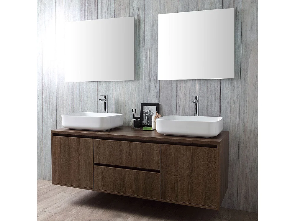 Meuble De Salle De Bain Suspendu En Noyer Foncé Avec Double Lavabo D'appui Et Miroir | Siena