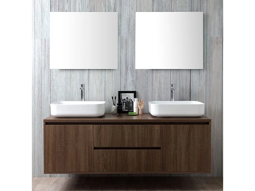 Meuble De Salle De Bain Suspendu En Noyer Foncé Avec Double Lavabo D'appui Et Miroir | Siena