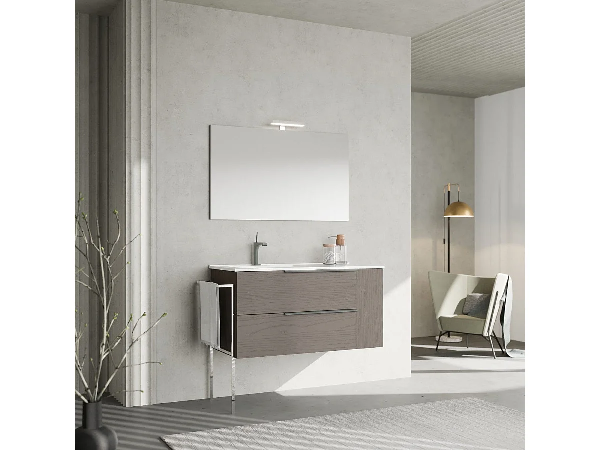 Armoire De Salle De Bains Murale 100 Cm En Bois Gris Avec Lavabo À Gauche | New York