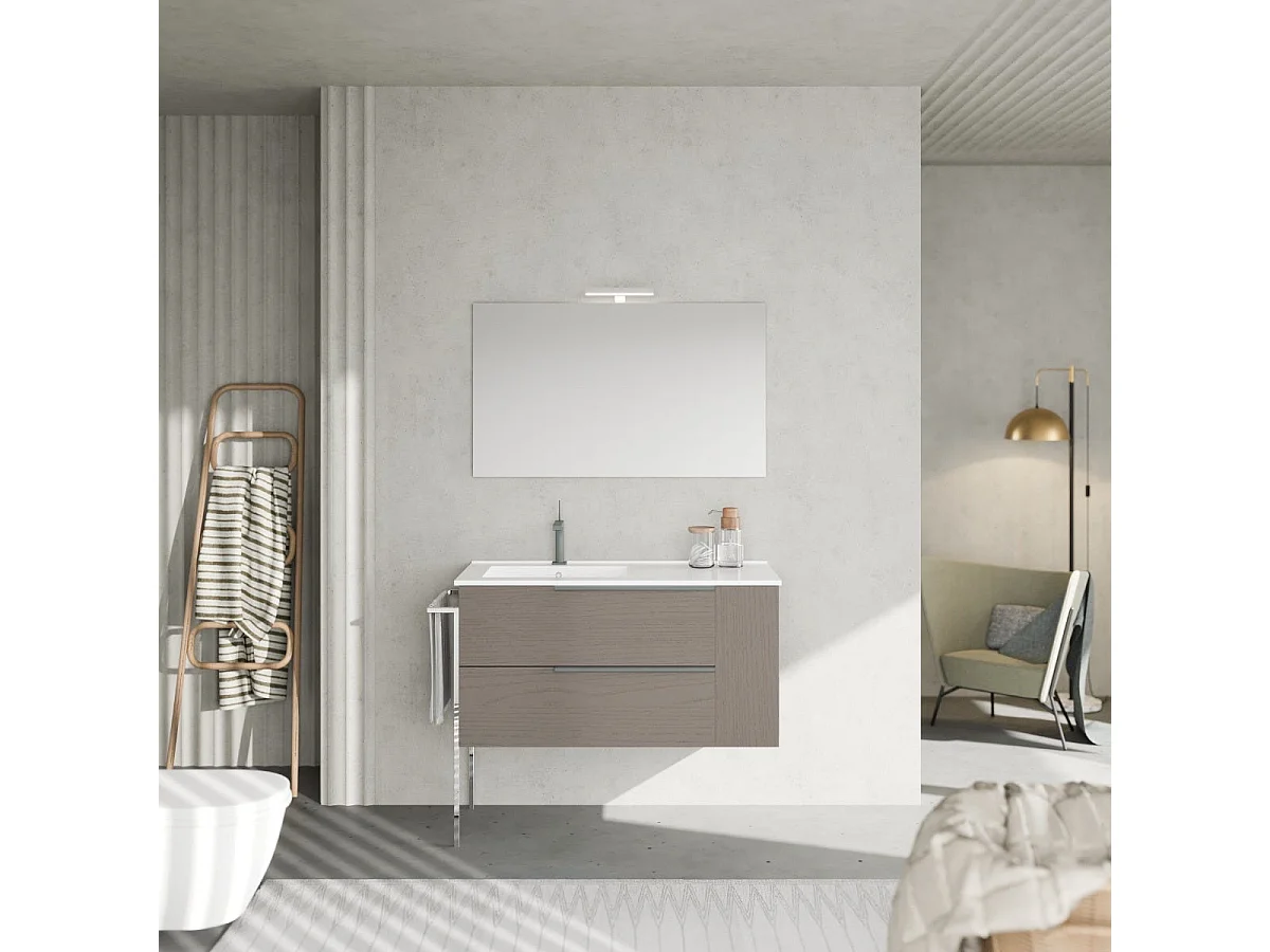 Armoire De Salle De Bains Murale 100 Cm En Bois Gris Avec Lavabo À Gauche | New York