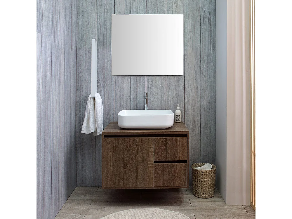 Meuble De Salle De Bain Sous-Lavabo Cm 75 Noyer Foncé Lavabo Et Miroir | Siena