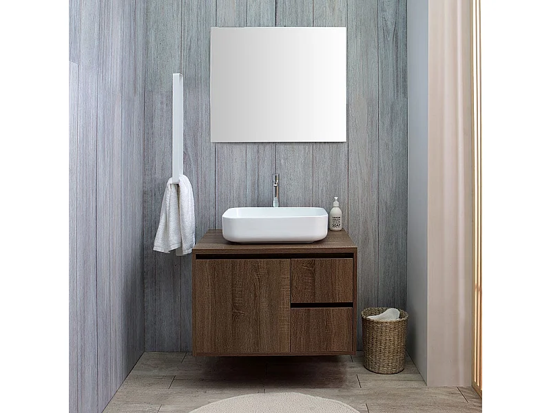 Meuble De Salle De Bain Sous-Lavabo Cm 75 Noyer Foncé Lavabo Et Miroir | Siena