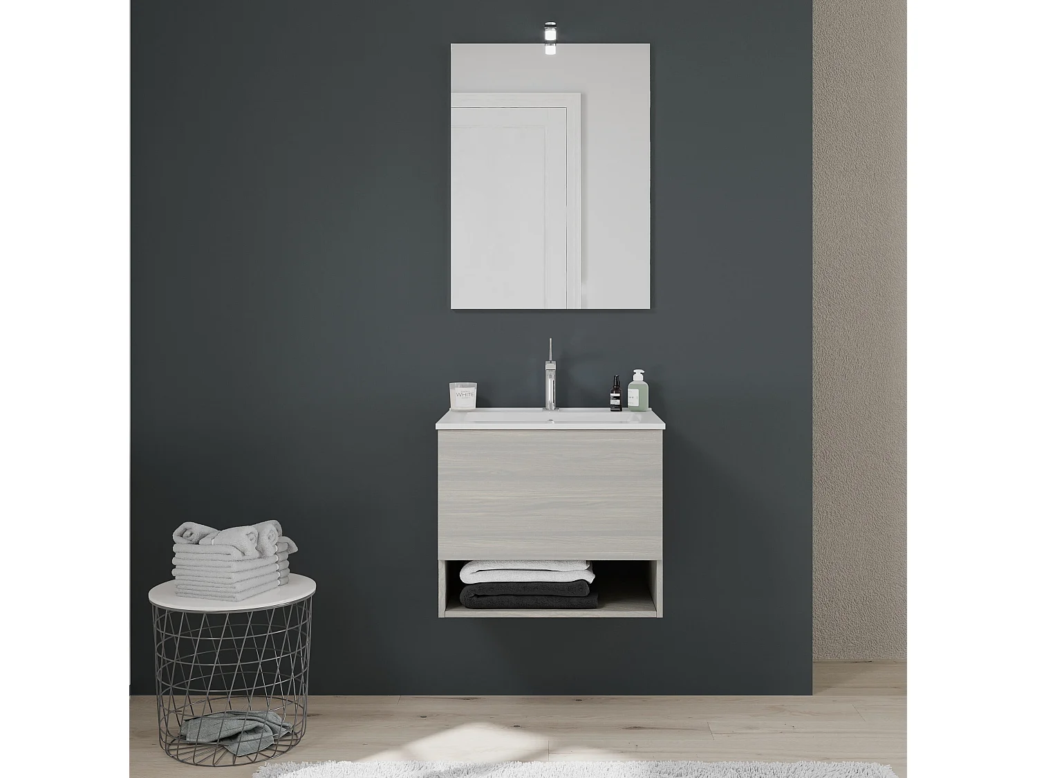 Meuble De Bain Avec Lavabo Suspendu 60 Cm En Gris Clair Aspect Bois | Venezia