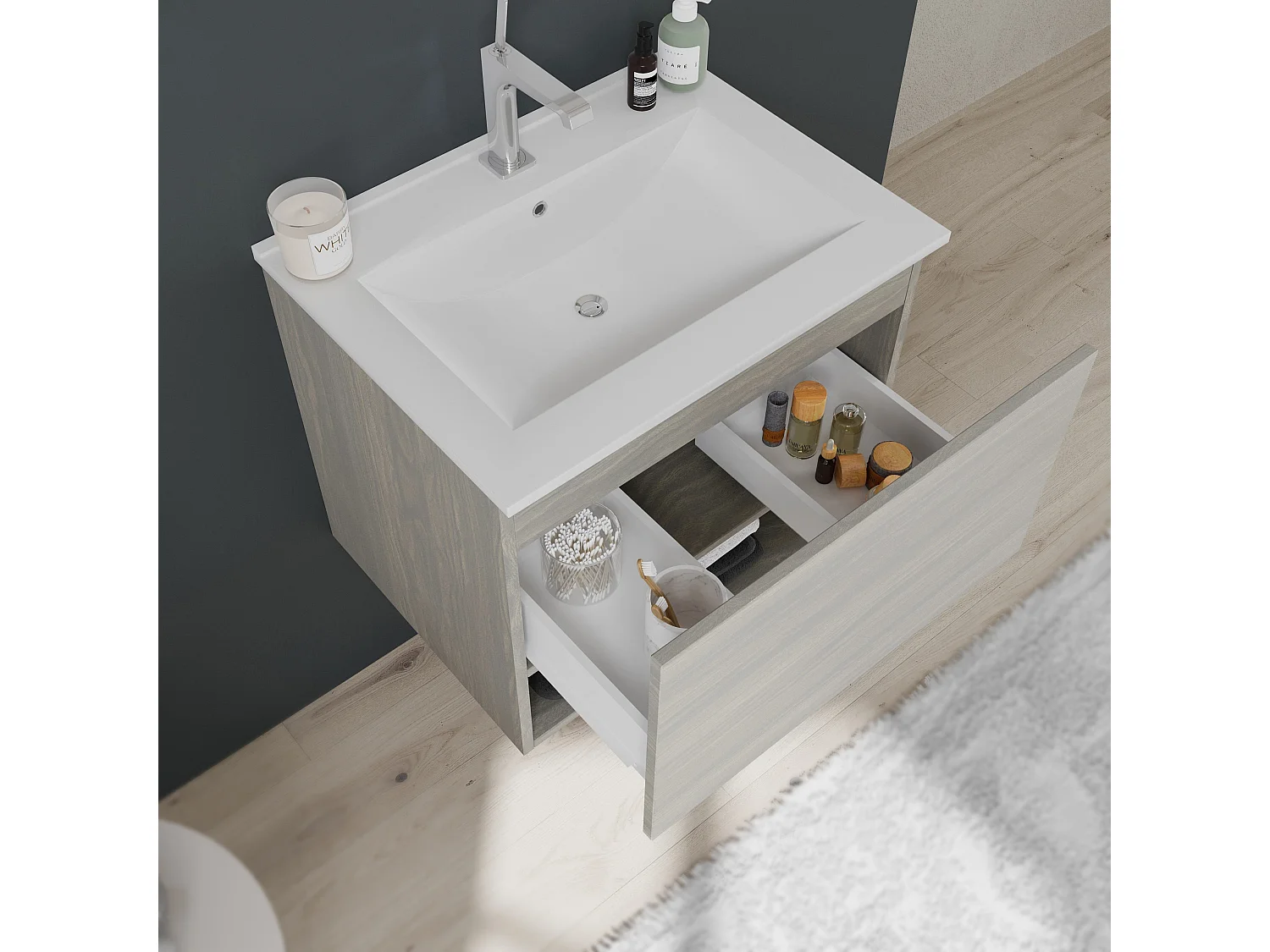 Meuble De Bain Avec Lavabo Suspendu 60 Cm En Gris Clair Aspect Bois | Venezia