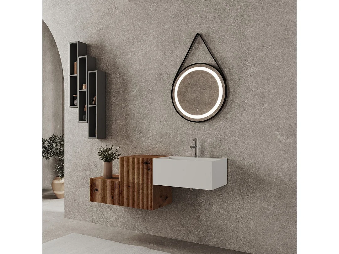 Composition Roma De 140 Cm Avec 3 Tiroirs Chêne Doré Et Miroir Rond Avec Sangle | Rodi