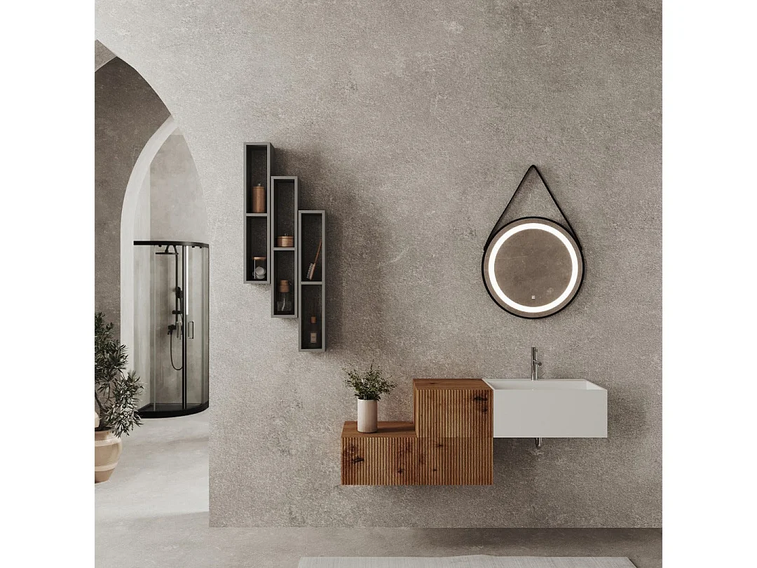 Composition Roma De 140 Cm Avec 3 Tiroirs Chêne Doré Et Miroir Rond Avec Sangle | Rodi