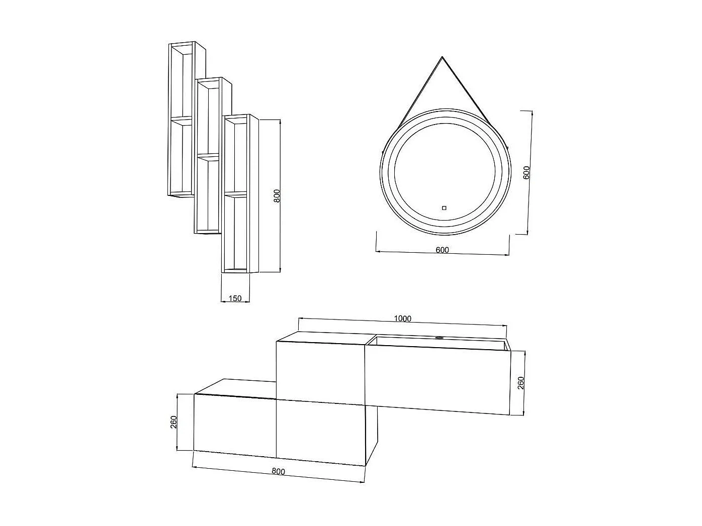 Composition Roma De 140 Cm Avec 3 Tiroirs Chêne Doré Et Miroir Rond Avec Sangle | Rodi