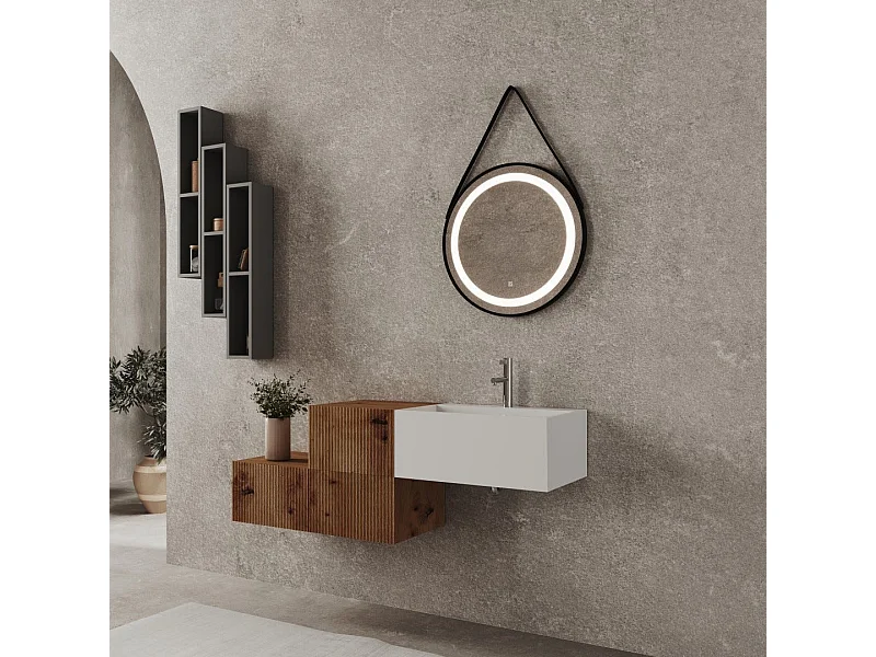 Composition Roma De 140 Cm Avec 3 Tiroirs Chêne Doré Et Miroir Rond Avec Sangle | Rodi