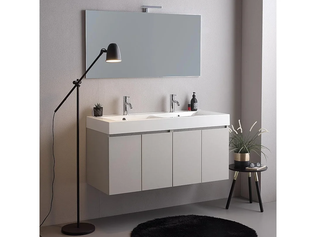 Meuble Salle De Bain 120Cm 4 Portes Gris Perle, Double Lavabo Et Miroir 120X60 | Valentina