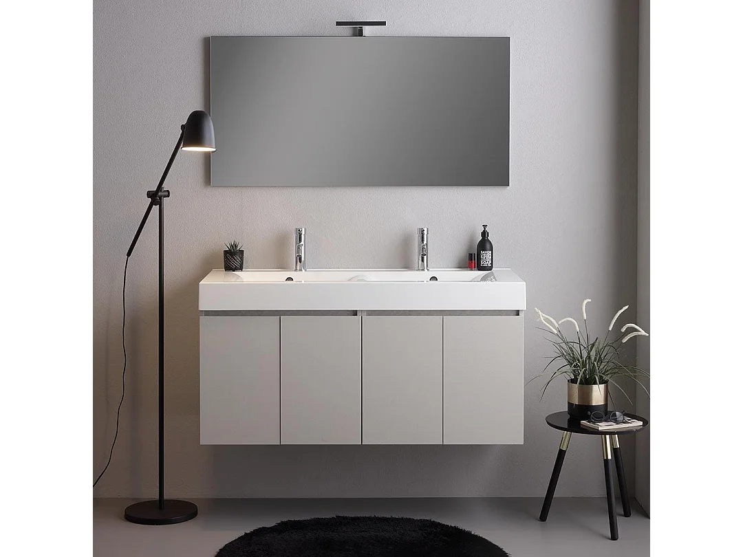 Meuble Salle De Bain 120Cm 4 Portes Gris Perle, Double Lavabo Et Miroir 120X60 | Valentina