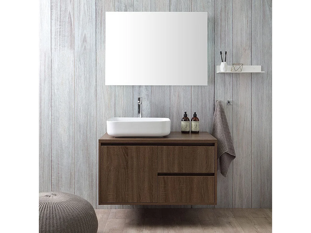 Meuble De Salle De Bain Suspendu 90Cm Noyer Foncé, Lavabo D'appui, Miroir | Siena